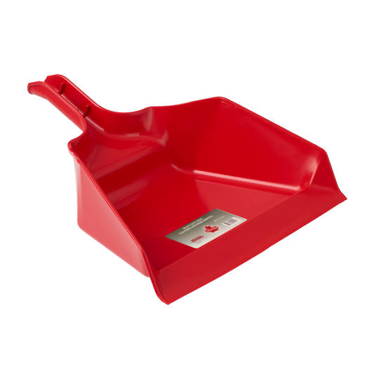 Heavy-duty red dust pan with deep 9 inch tray and wide 13 inch mouth for indoor sweeping and cleanup tasks