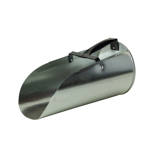 4-quart galvanized metal feed scoop with black handle for farm and barn use