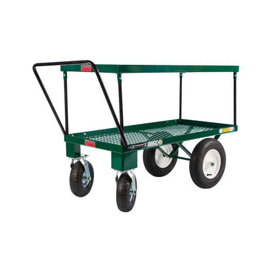 Double tier metal deck pushcart with 24x48 inch platform, 16 inch tires, 4x10 casters, and powder-coated green finish