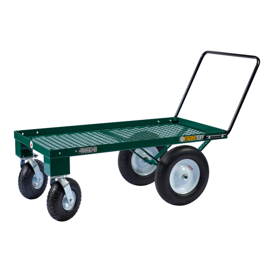 4-wheel metal pushcart with mesh deck, tall front handle, green powder-coated finish, and 16 inch tires