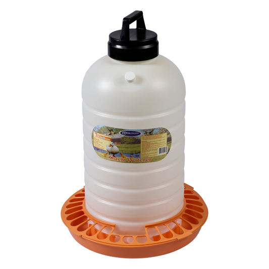 7-gallon plastic duck waterer with orange base and black cap