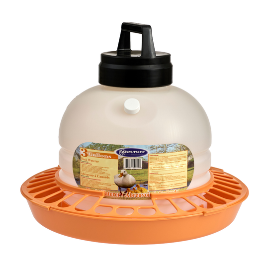 3-gallon plastic duck waterer with deep orange base and black cap