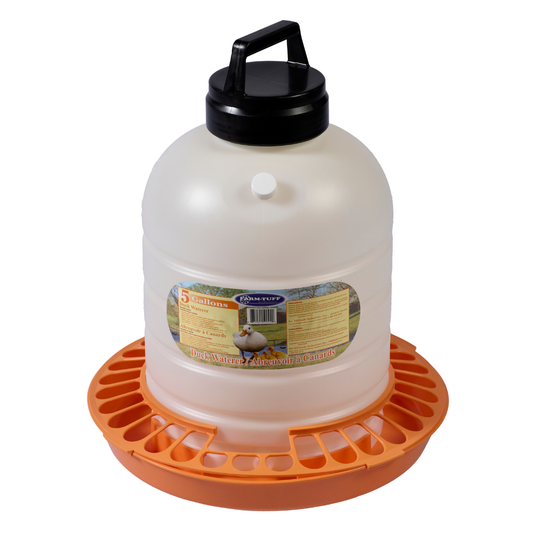 5-gallon plastic duck waterer with orange base and black cap