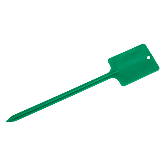 Green plastic T-shaped plant marker with 2.5x3.5 inch label head, made for marking seeds or plant growth in gardens