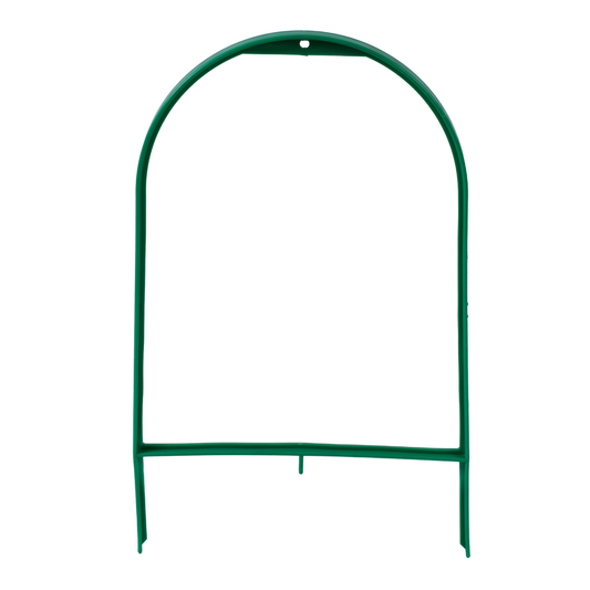 Green plastic garden row cover hoop, 17.5 inches high and 13.5 inches wide, for protecting plants from frost