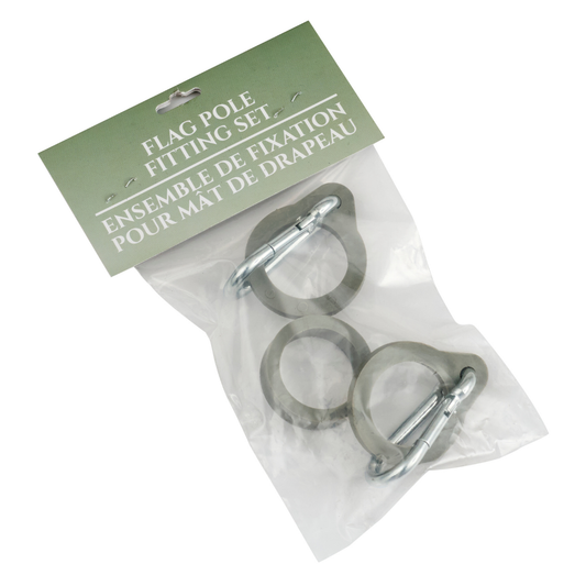 Packaged flag pole clip set with two snap hook rings and one thick anti-climb ring — durable grey polypropylene