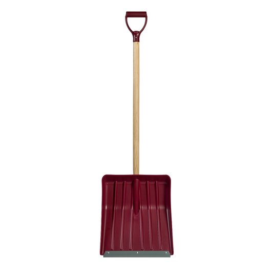 15.7 inch red snow shovel with aluminum wear bar, D-grip handle, and 36 inch hardwood ash shaft