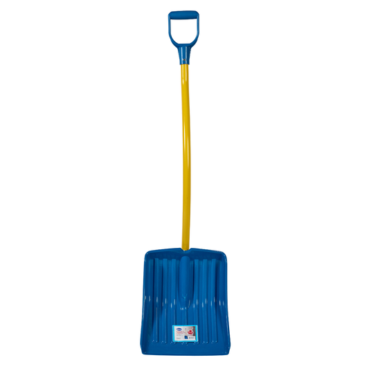14 inch blue snow shovel with yellow ergonomic metal handle and wide poly blade for lightweight snow removal