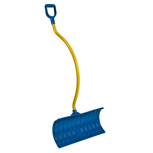 26 inch blue snow pusher with curved yellow ergonomic metal handle and wide polypropylene blade for efficient snow clearing