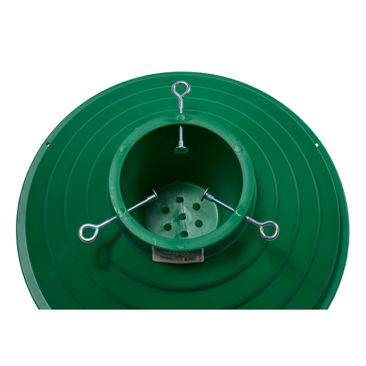 Green plastic Christmas tree stand with trunk spikes, three securing bolts, and 5.5 inch center hole