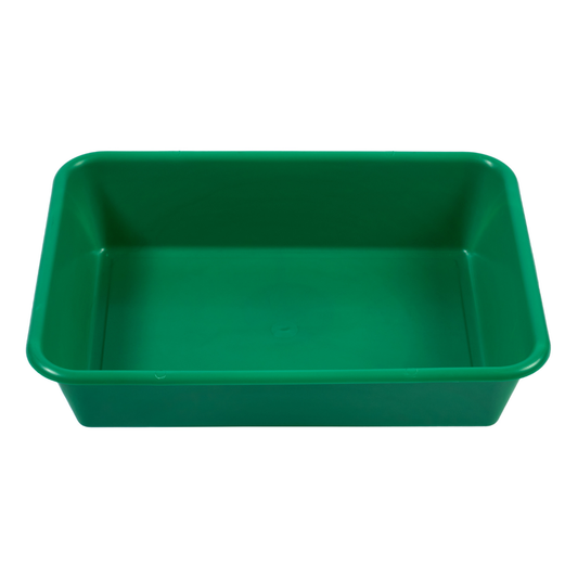 Large green cat litter box with 13x18x4 inch dimensions and open-top design for easy cleaning and odor control