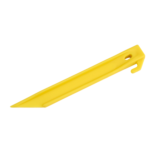 Durable yellow 9-inch tent peg with sharp tip and hook end for easy insertion and removal from soil