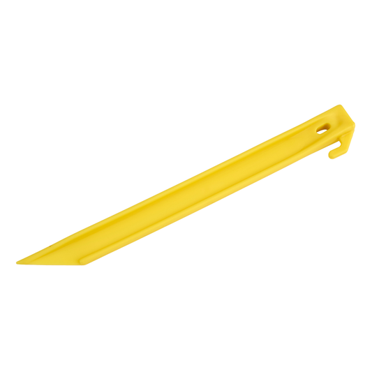 Close-up of 12-inch yellow plastic tent peg with pointed tip and rope hole for secure anchoring in hard soil
