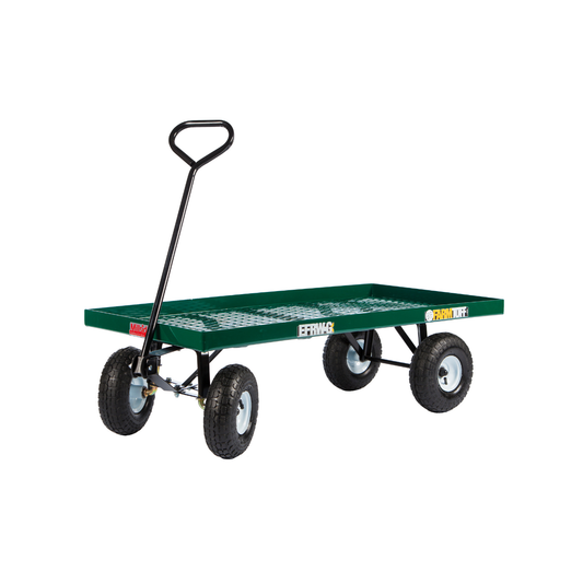 Single tier metal deck wagon with 24x48 inch mesh platform, 4x10 pneumatic tires, and green powder-coated finish