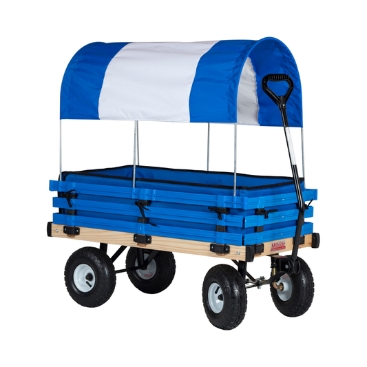 Blue and white kids wooden wagon with 20x38 deck, full-length canopy, poly racks, and 4x10 pneumatic tires for outdoor pulling