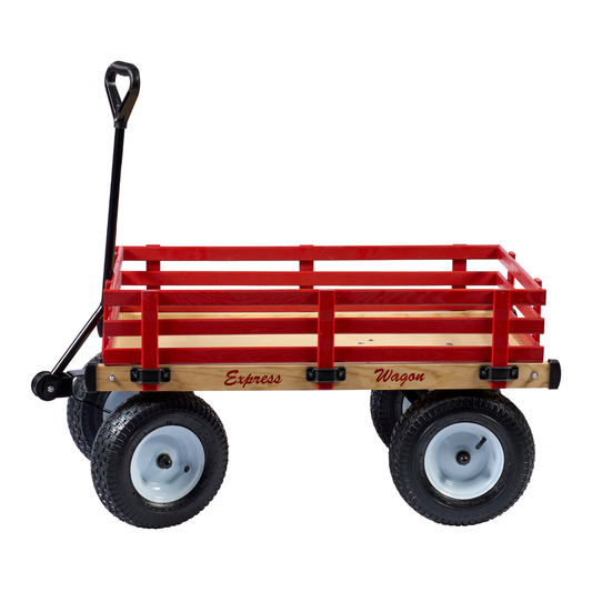 Kids red express wagon with 20x38 deck, 5x13 tires, and D-handle for outdoor hauling and play