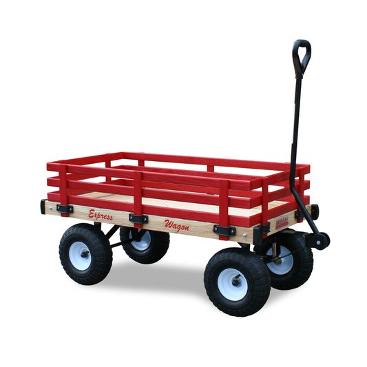 Kids red express pull wagon with 20x38 deck, hardwood side racks, and easy-grip handle