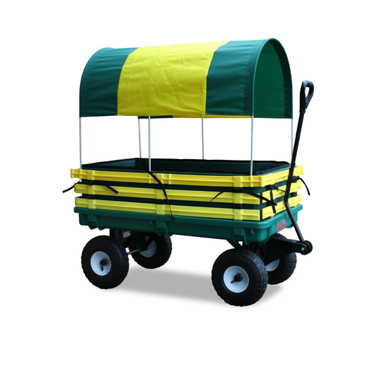 Green and yellow kids trekker wagon with 20x38 deck, full canopy, poly racks, pneumatic tires, and long pull handle for outdoor use