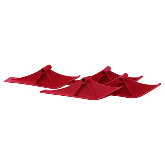 Red plastic sleigh runner kit for wagons, converts wheelbase to snow runners for winter use and outdoor play