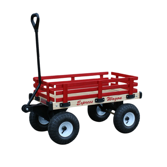 Kids red express wagon with hardwood racks and 16x34 deck for outdoor use