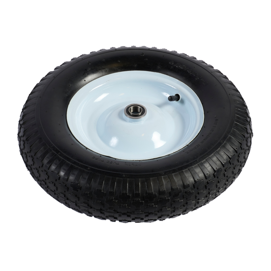 16 inch pneumatic wheelbarrow wheel with black tread and white metal rim, shown from front view