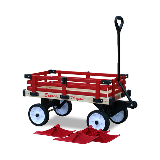 Convertible kids wagon sleigh with 16x34 deck, 8-inch no-flat tires, and red snow runners for year-round outdoor fun