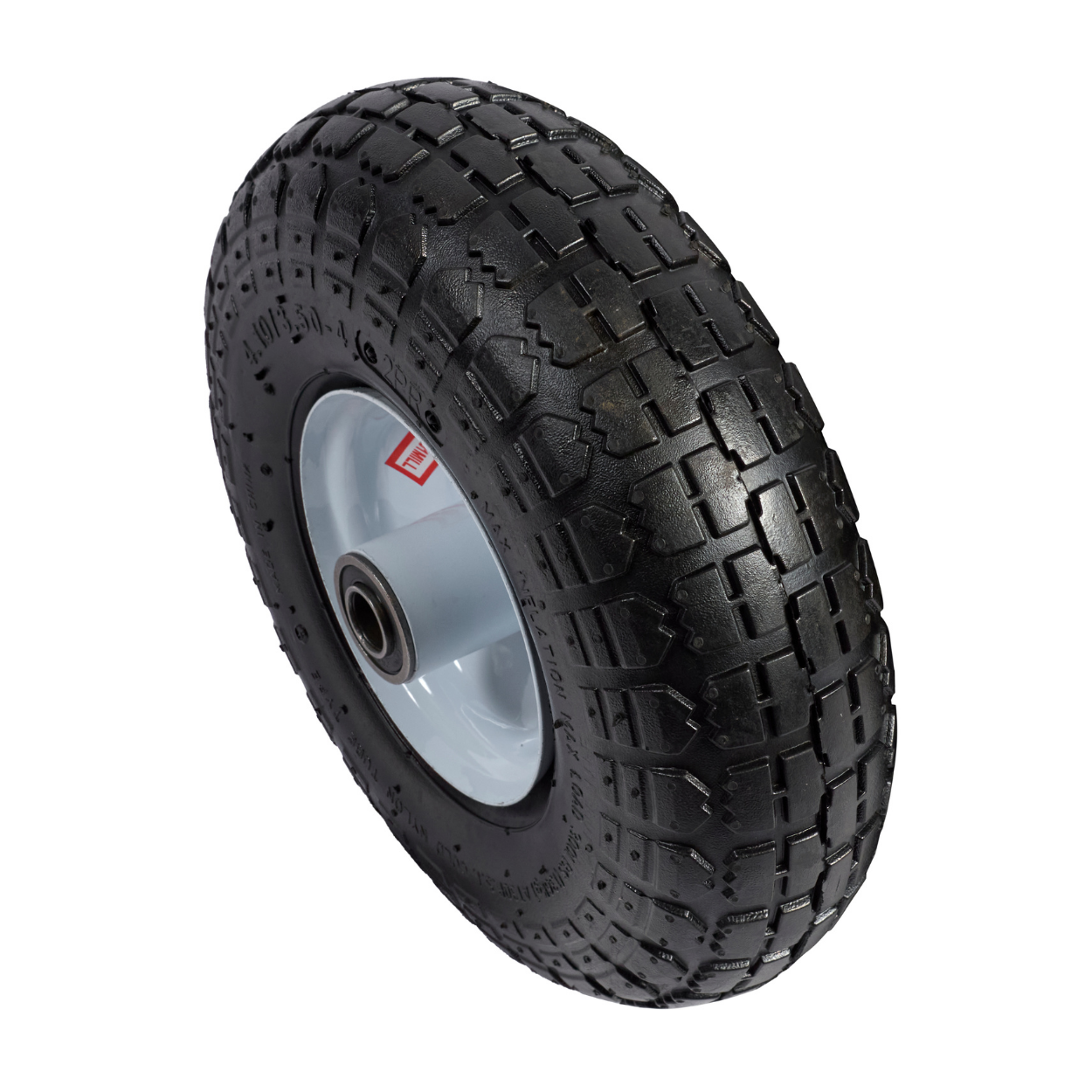 Side angle view of 4x10 pneumatic wheel showing tread and hub for cart or wagon repair