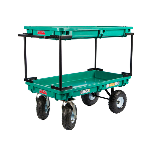 Double tier plastic push cart with 20x38 inch poly decks, 4x10 pneumatic swivel tires, and powder-coated undercarriage