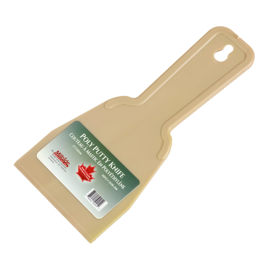 Beige 3 inch plastic putty knife with ergonomic handle, ideal for drywall, tile work, spackling, patching, or wallpapering