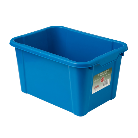 Heavy-duty blue recycle bin with built-in handles, ideal for home, office, or curbside recycling