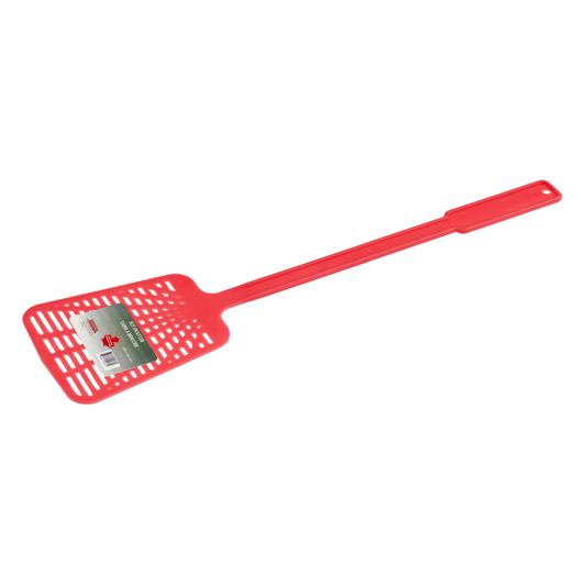 Red plastic fly swatter with 4x5 inch swatting head and flexible 11 inch handle, designed for easy indoor use