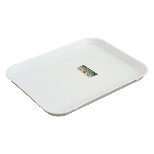 White plastic serving tray with 1-inch lip and textured surface for anti-slip grip, ideal for food and workshop use