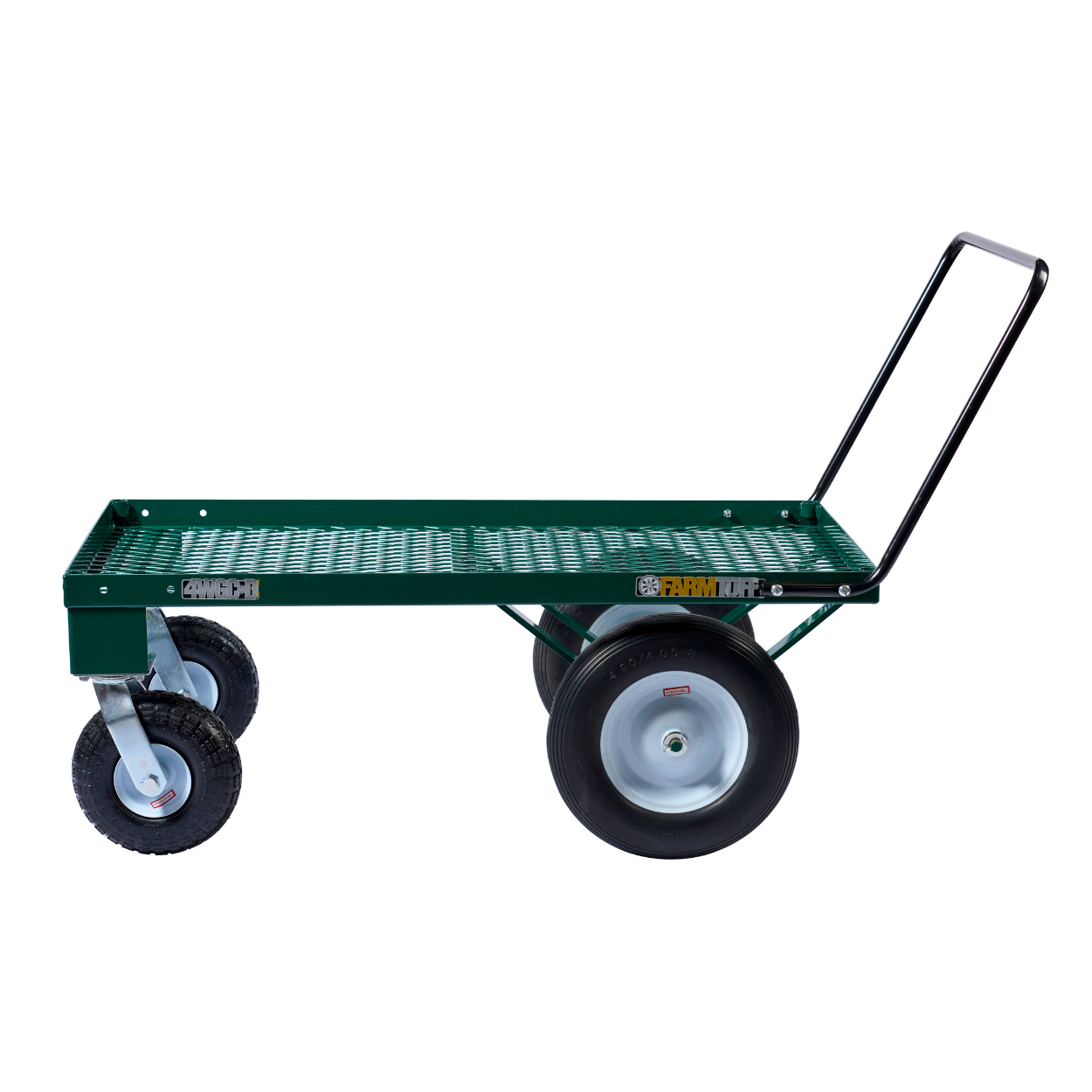 Side view of metal deck pushcart showing 16 inch tires, green frame, and single-tier cargo platform