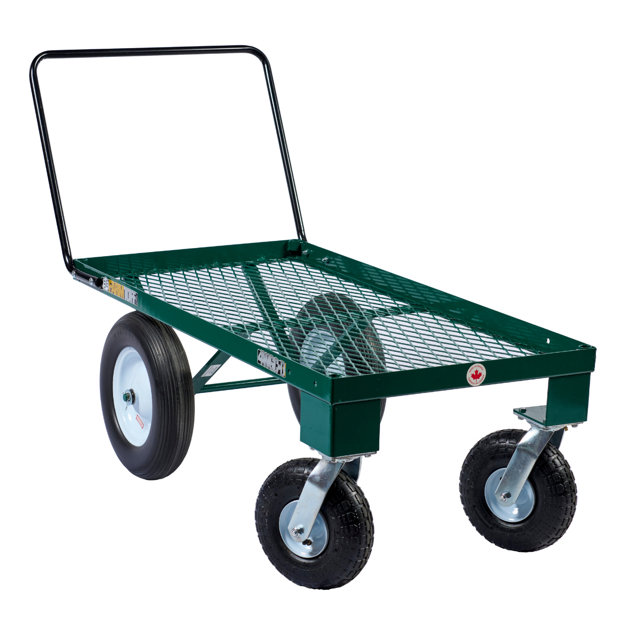 Top angle view of metal pushcart with 4x10 casters, anti-tip handle, mesh deck, and green powder-coated surface