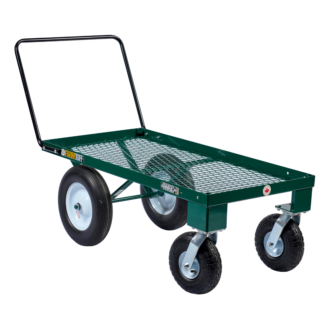 Rear angle of single-tier pushcart with 4 wheels, anti-tip handlebar, and green mesh platform deck