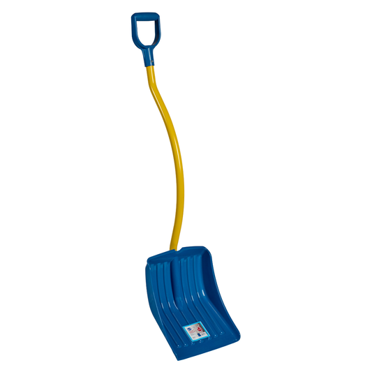 Angled view of 14 inch snow shovel featuring curved ergonomic yellow handle and blue polypropylene blade