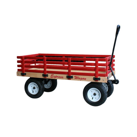 Large kids red express wagon with 24x48 deck, 5x13 tires, and hardwood side racks for outdoor hauling and rides